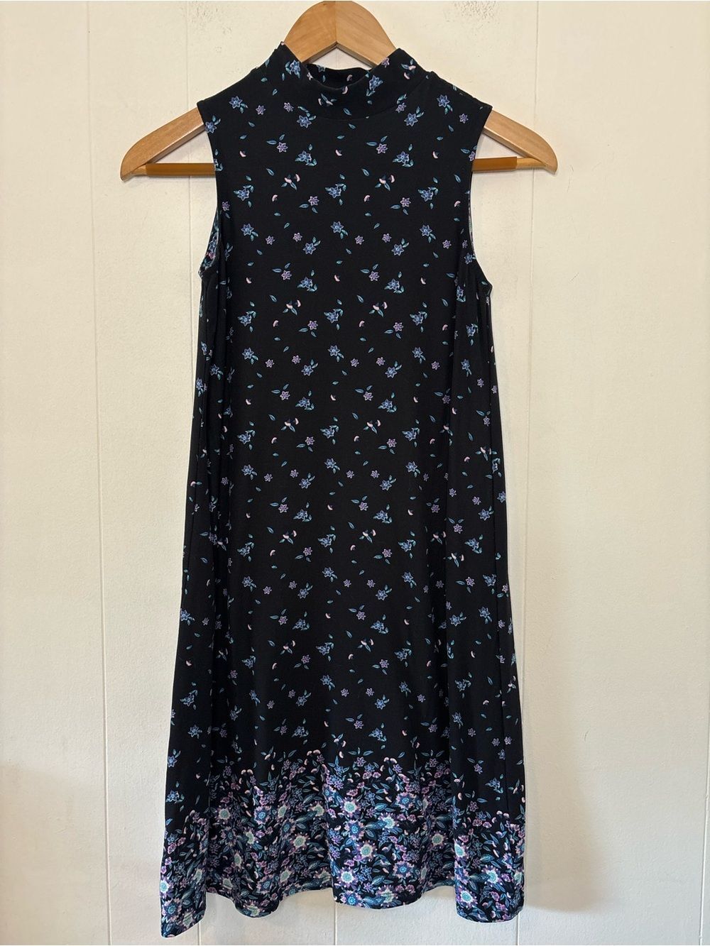 Pink Rose Black Mock Neck Dress Purple/Blue Ditsy Dark Floral Boho Fairy Size XS